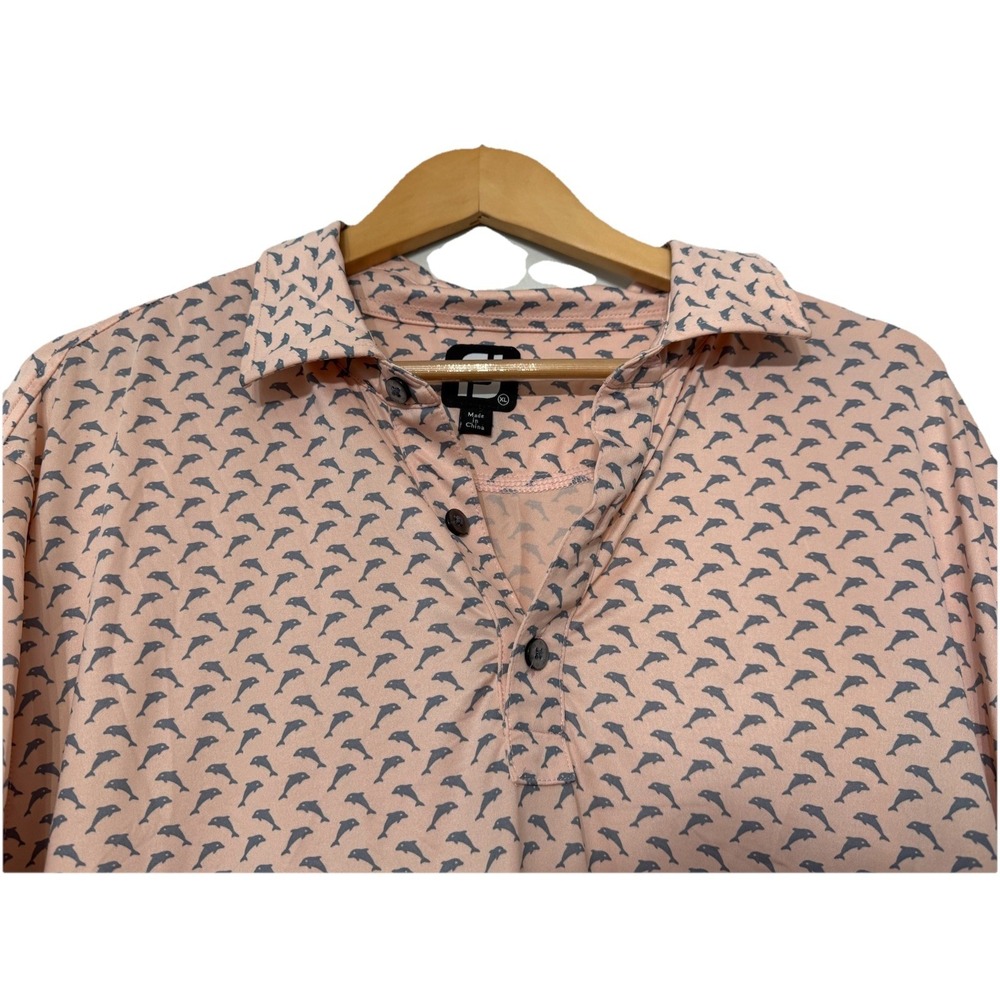 FJ FootJoy Mens Golf Polo Shirt Lisle Leaping Dolphins Print Pink XL Performance
